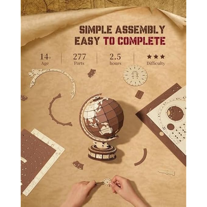 3D WOODEN PUZZLE FOR ADULTS, WORLD GLOBE WOOD MODEL BUILDING KITS WITH 277 PCS, GEOGRAPHIC EARTH GLOBE-VINTAGE PUZZLE CRAFTS HOBBIES GIFTS FOR KIDS TEEN MEN BOYS GIRLS - Image 3